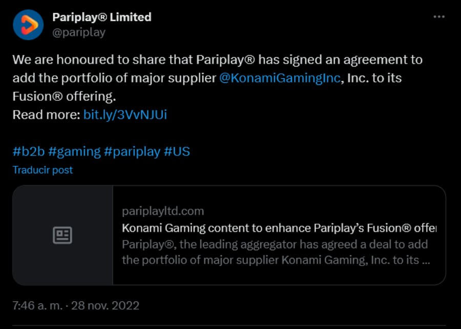 Acuerdo entre Pariplay y Konami Gaming Inc