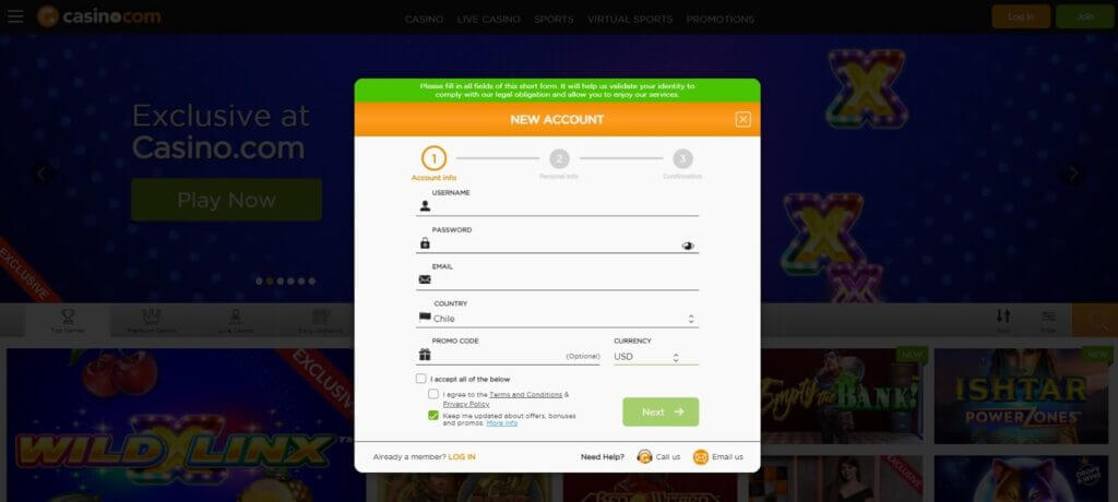 Método de registro para Casino.com Chile