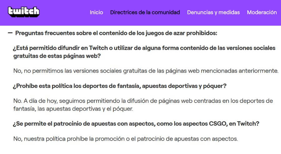 Nuevas directrices de la comunidad de Twitch reflejan prohibición de apuestas