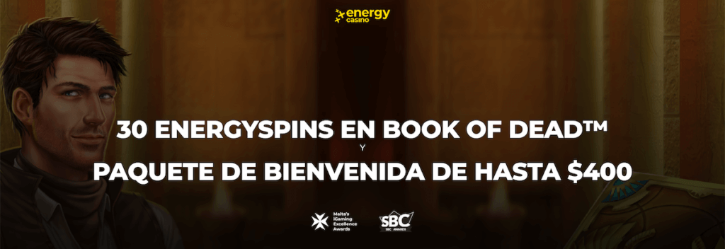 30 Tiradas Gratis en Book of Dead y paquete de bienvenida de hasta $400 en Energy Casino Chile