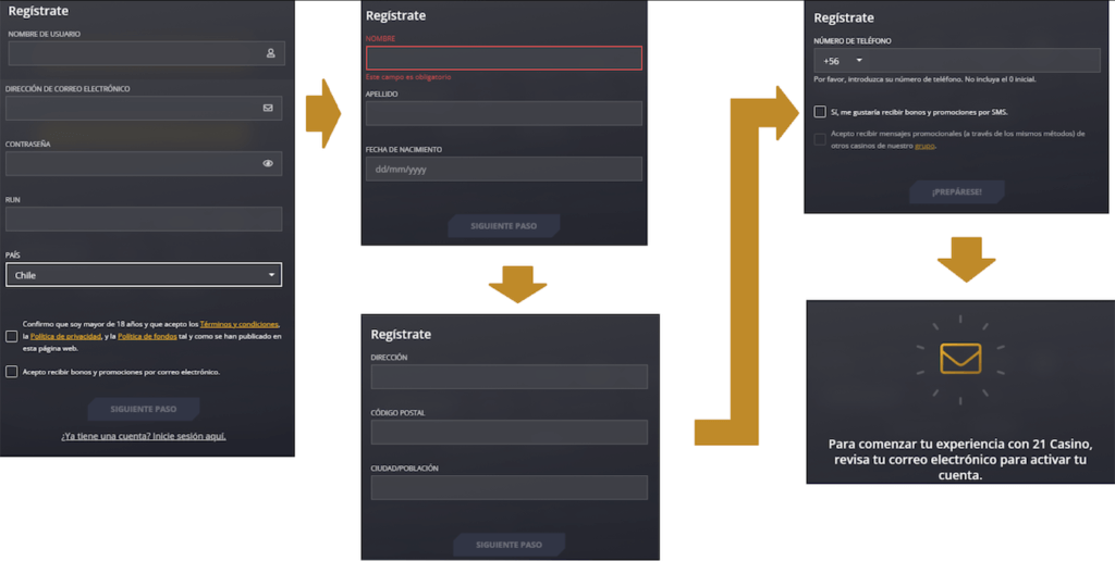 Proceso de registro en 21 Casino Chile