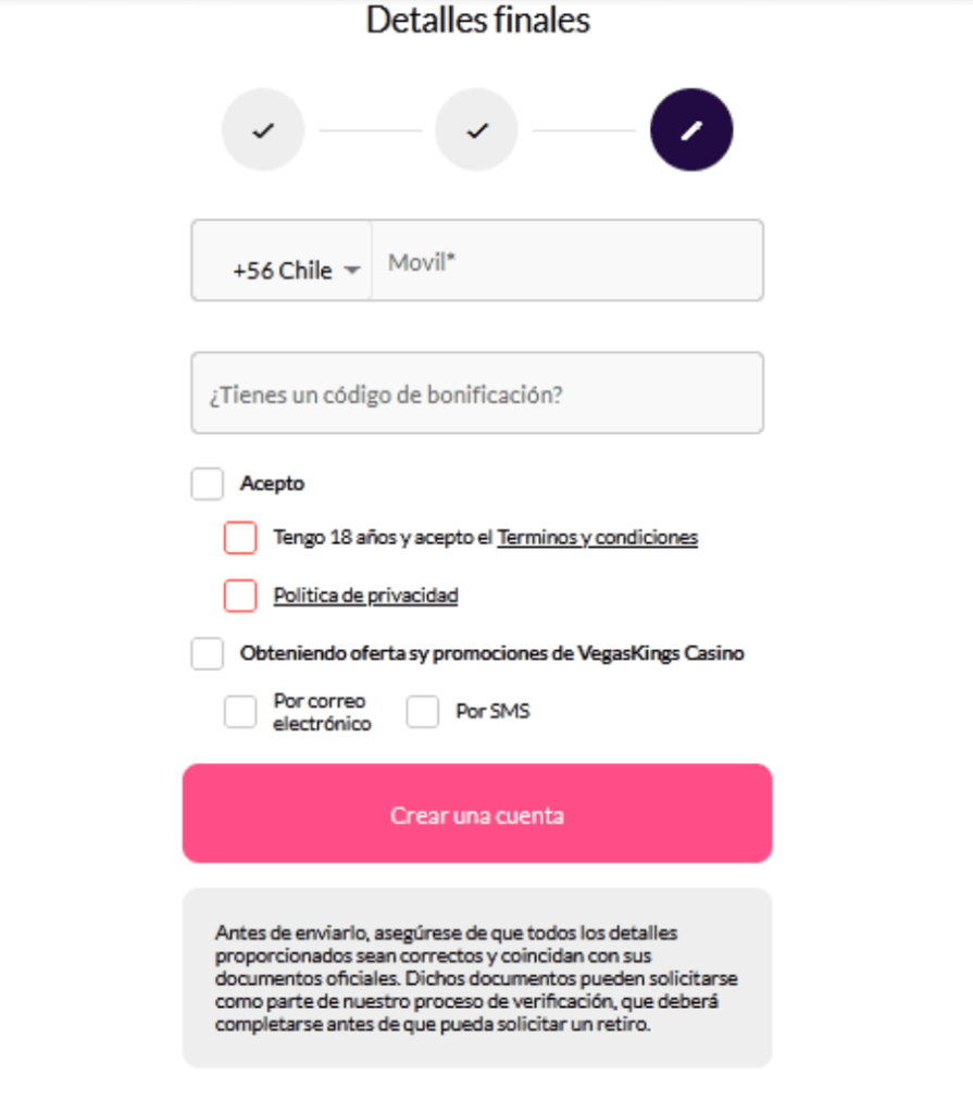 Como crear una cuenta en Vegas Kings Casino Chile 3
