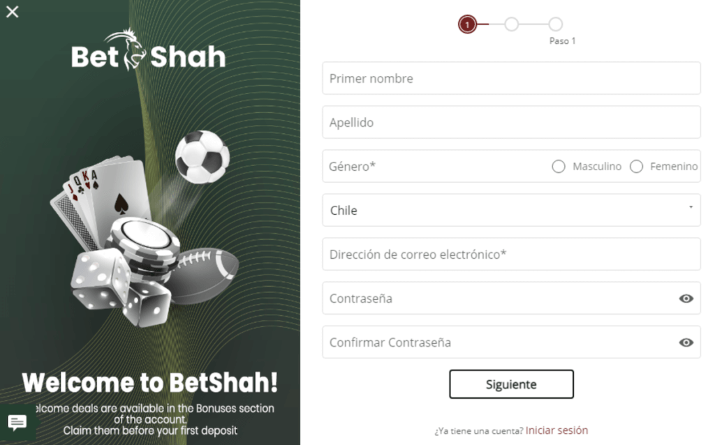 Pantalla de registro de Betshah Casino Chile