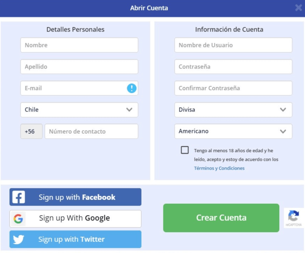 Pestaña de registro en LBSbet Casino Chile