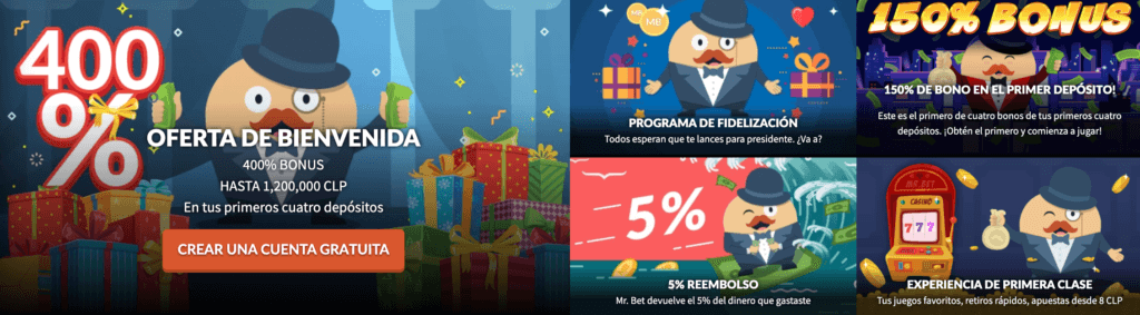 Aprovech ala oferta de bienvenida del 400% hasta 1 200 000 CLP en tus primeros depósitos con Mr Bet