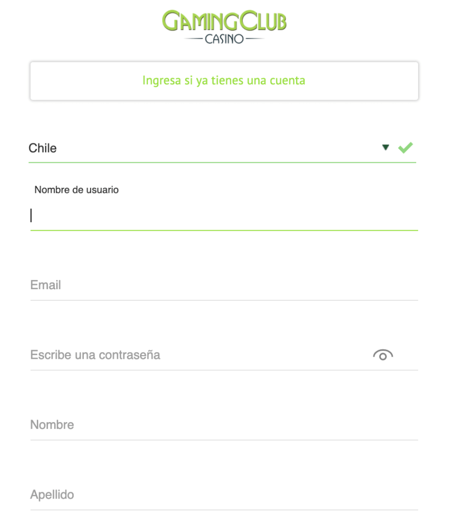 Pestaña de registro para Gaming Club Casino Chile