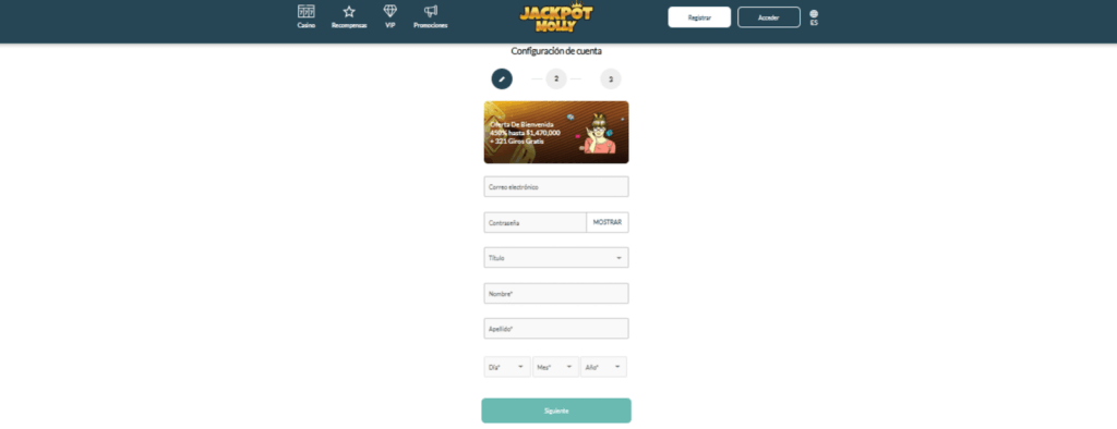 2do paso de registro para Jackpot Molly Casino Chile