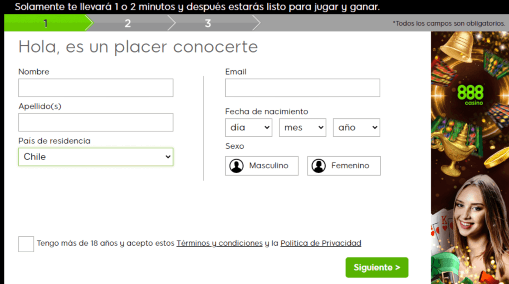 Proceso de crear una nueva cuenta en 888 Casino 1
