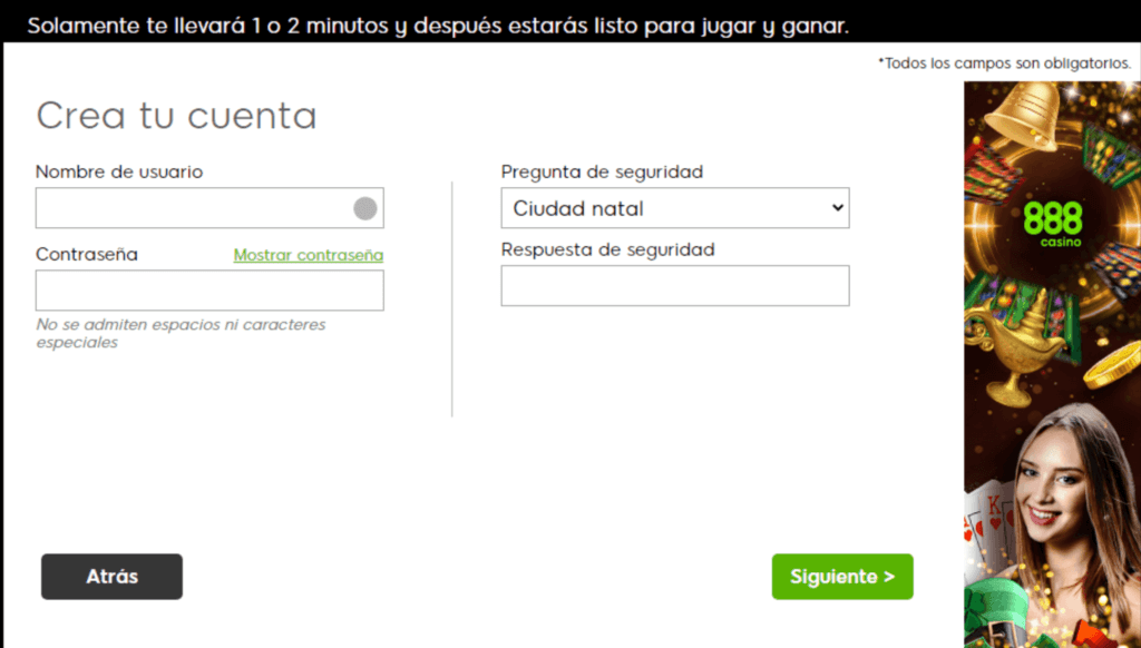 Proceso de crear una nueva cuenta en 888 Casino 2