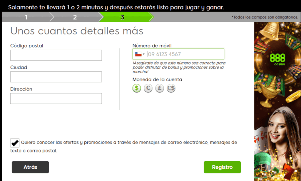 Proceso de crear una nueva cuenta en 888 Casino 3