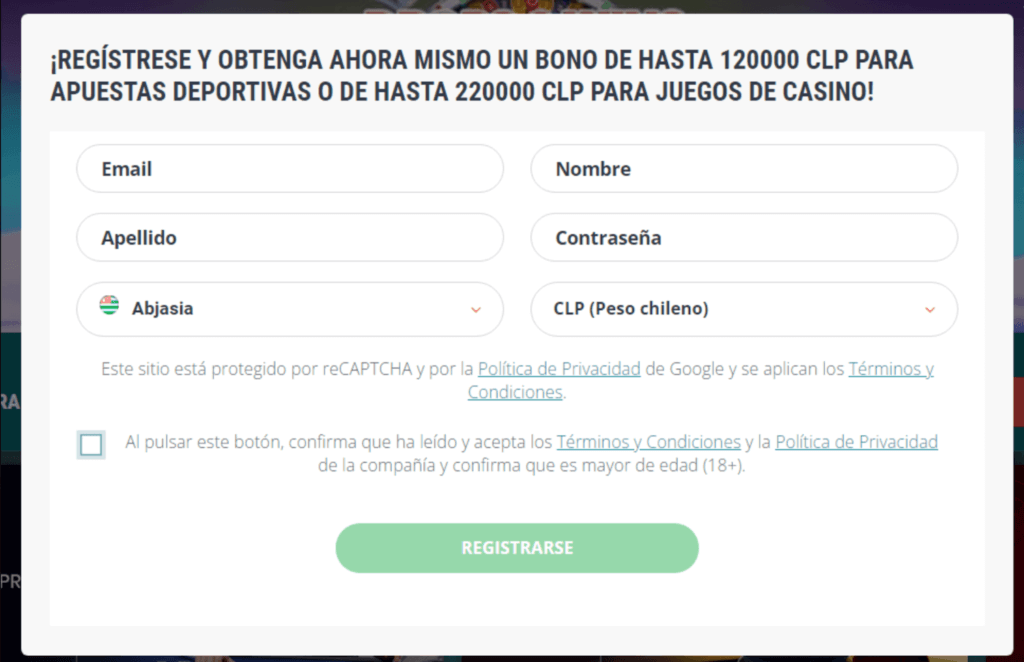 Pantalla de registro de 22Bet para el bono de 120 000 CLP