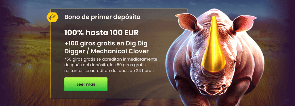 Bono de primer depósito del 100% hasta 100 EUR más 100 Giros Gratis en Dig Dig Digger y Mechanical Clover en Bizzo Caisno