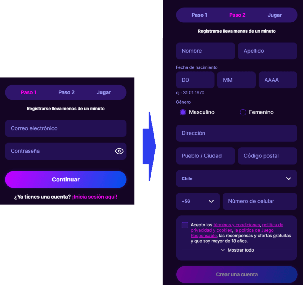 Proceso de registro en MegaRush casino