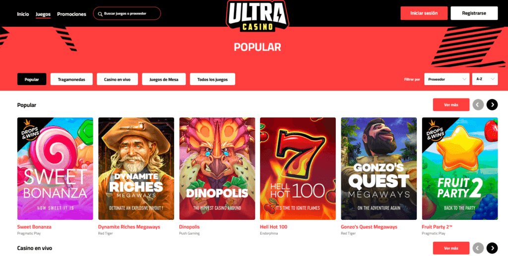 Interfaz de Ultra Casino Chile es muy simple y fácil de usar