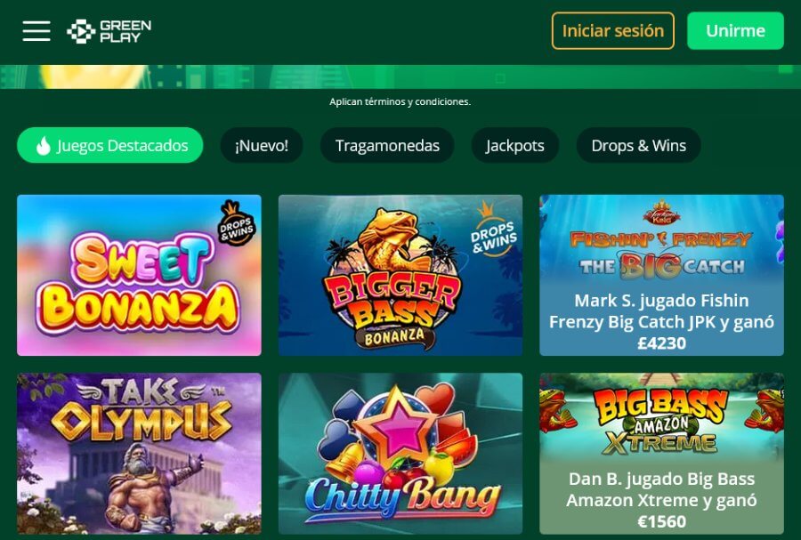 Sección de juegos de tragamonedas de GreenPlay casino