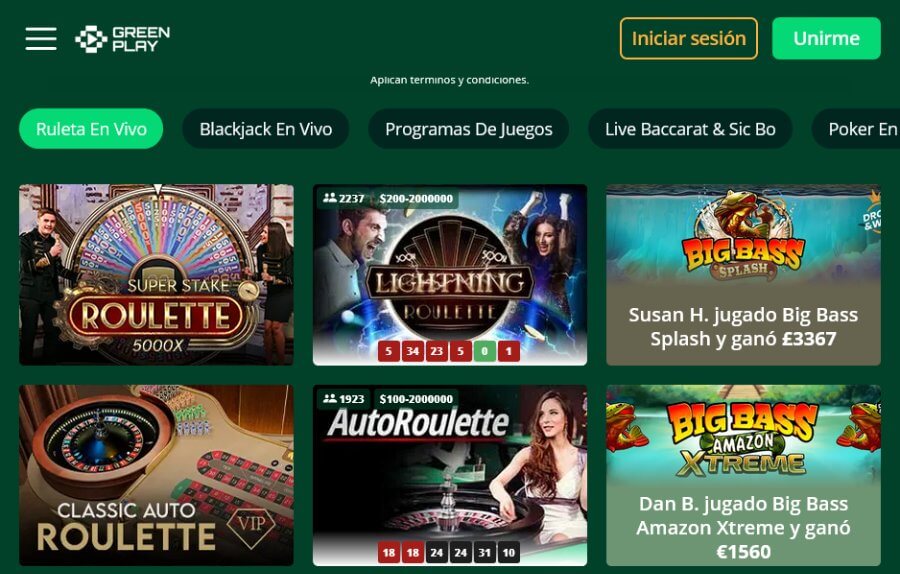 Sección de juegos en vivo de GreenPlay casino