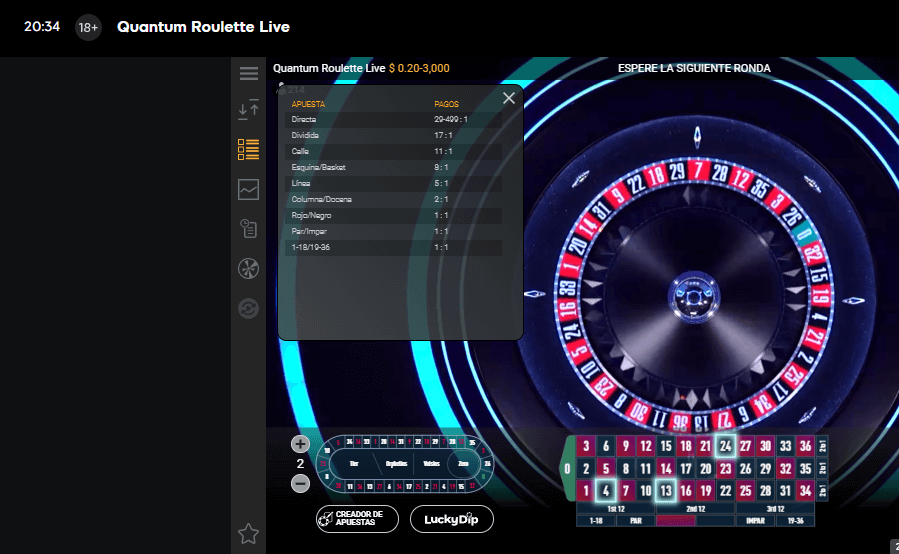 Vista de la ruleta en Quantum Roulette Live