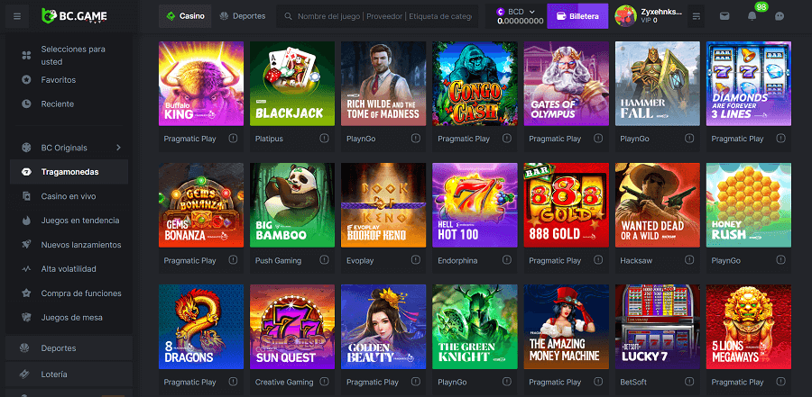 este es el catalogo de juegos de bc game