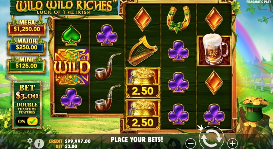 Apuesta Ante, comodín, scatter y ollas con dinero en Wild Wild Riches 