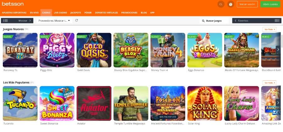 Selección de juegos Betsson casino Chile