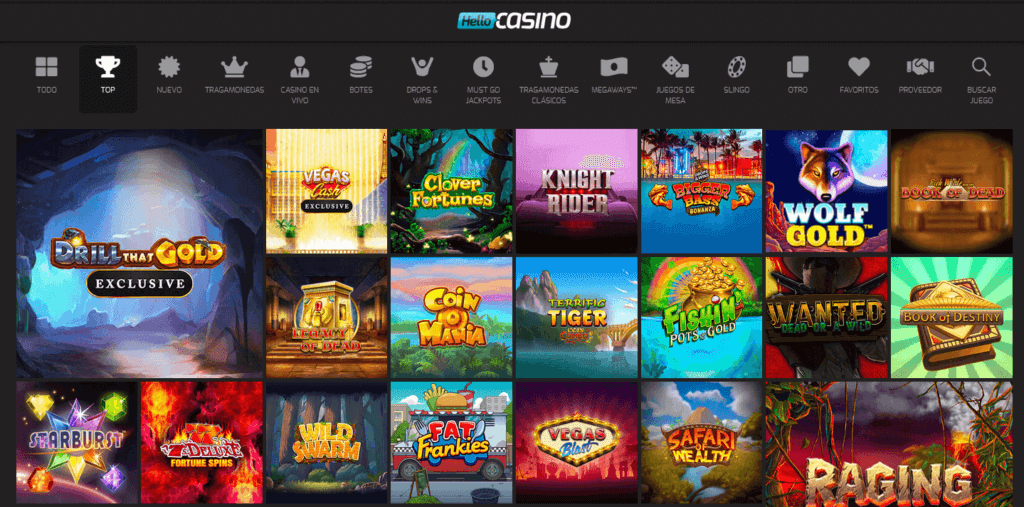 sección de juegos de Hello Casino