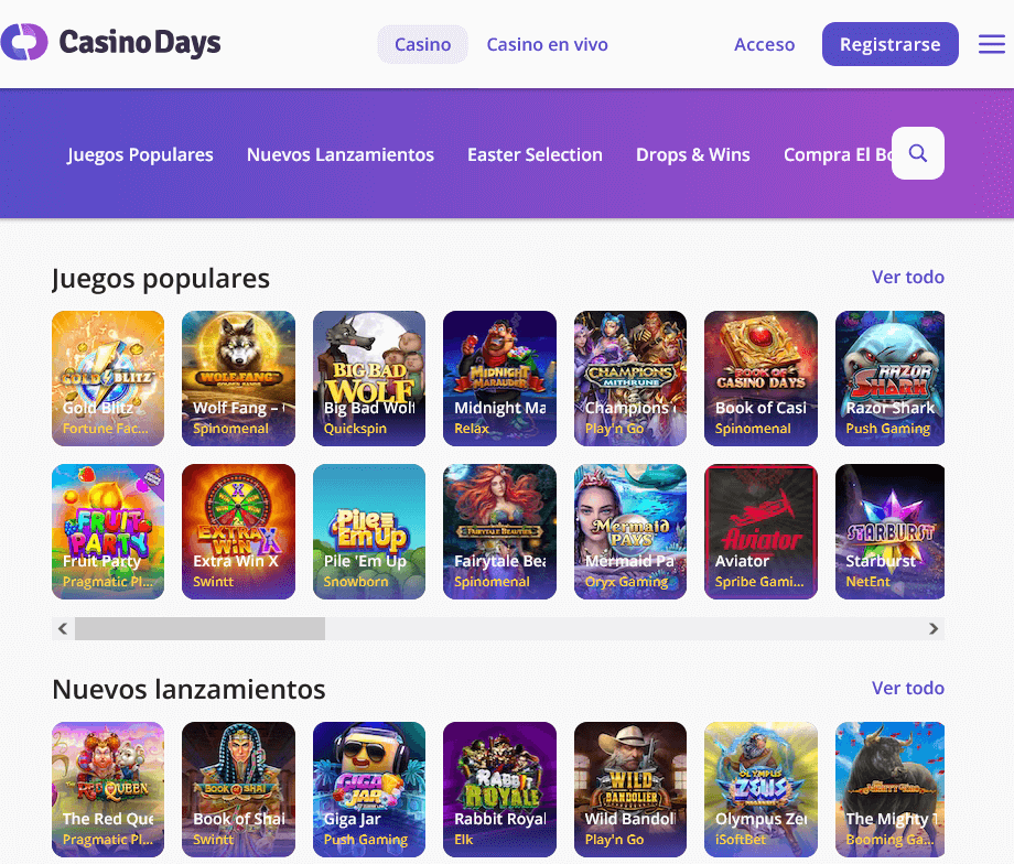 Sección de catálogo de juegos de Casino Days