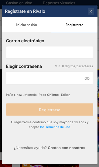 esta es la pestaña de registro en rivalo casino