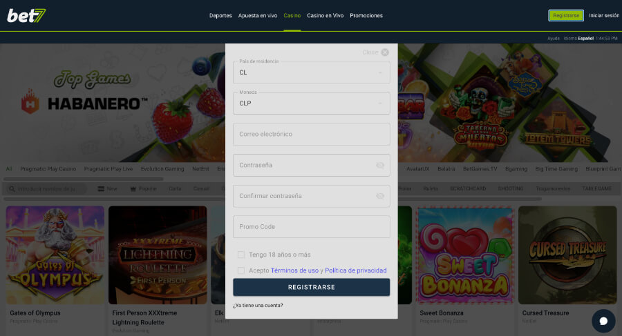 Registro fácil y rápido en Bet7 casino