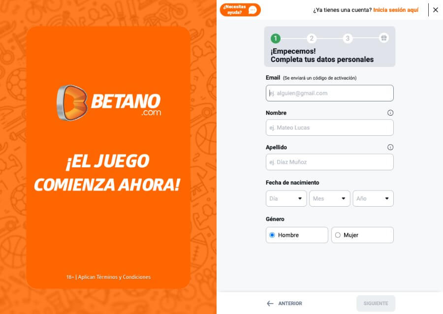 Proceso de registro Betano casino 