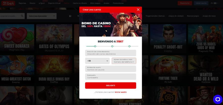 Registro 31Bet casino en Chile