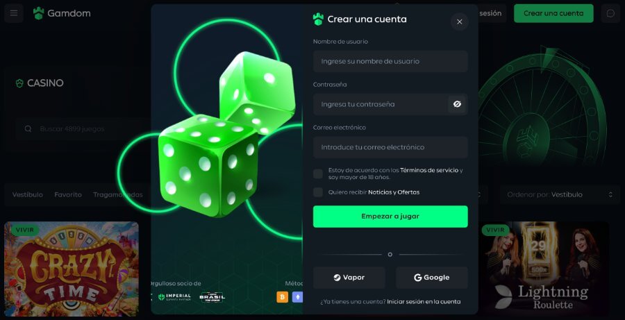 Registro de cuenta en casino Gamdom