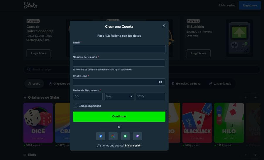Registro fácil y rápido Stake casino