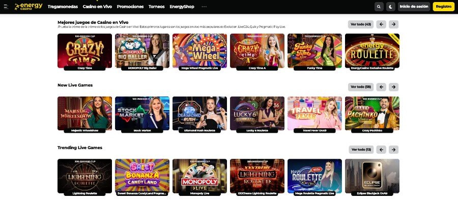 Juegos de casino en vivo disponibles en Energy casino