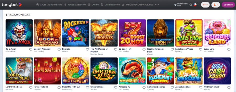 Selección de tragamonedas TonyBet casino Chile